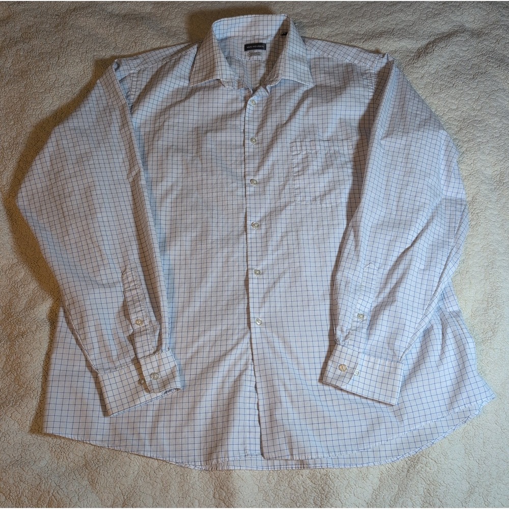 Van Hausen Mens Long Sleeve Dress Shirt Size XL White Blue Grid Check Pattern